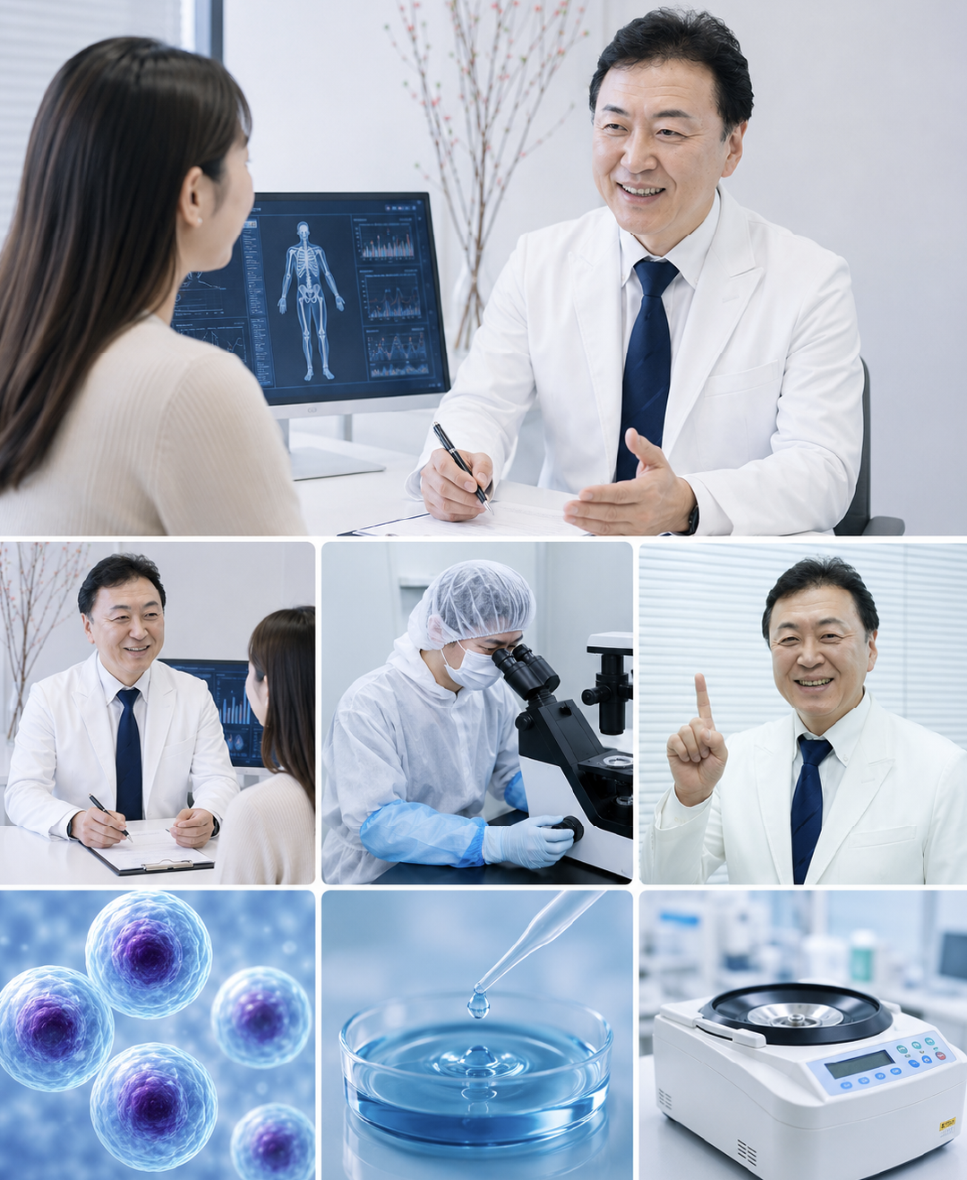 再生医療による幹細胞治療の診察、細胞培養、院内CPC管理を表現したイメージ画像