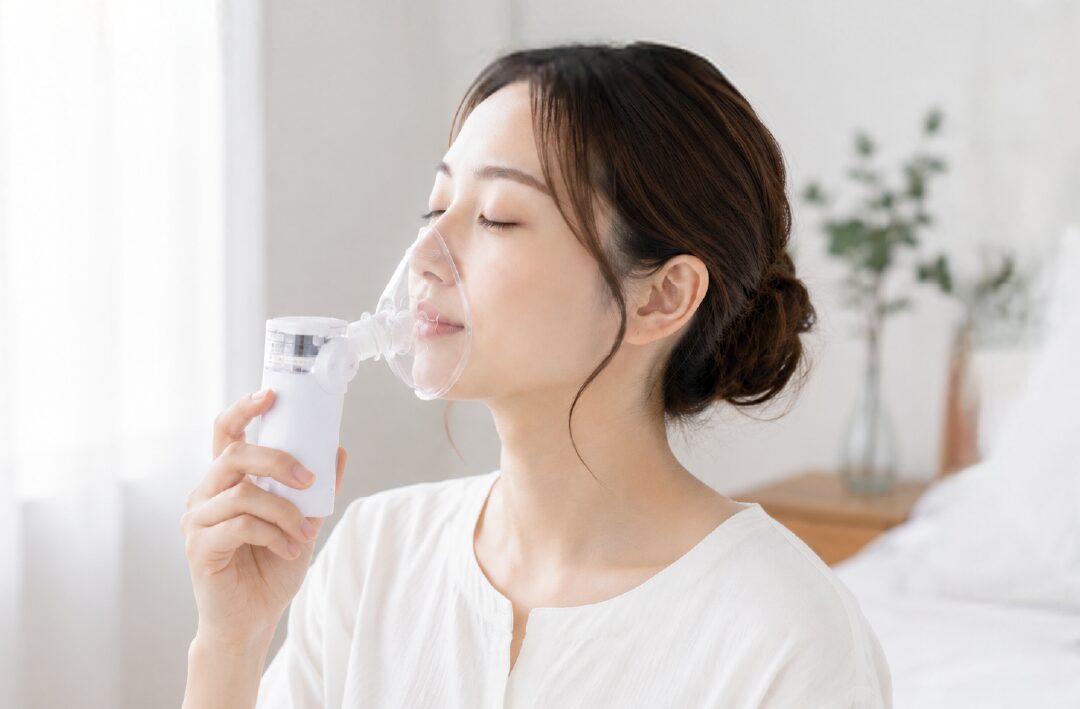 幹細胞培養上清液をネブライザーで吸入するイメージ