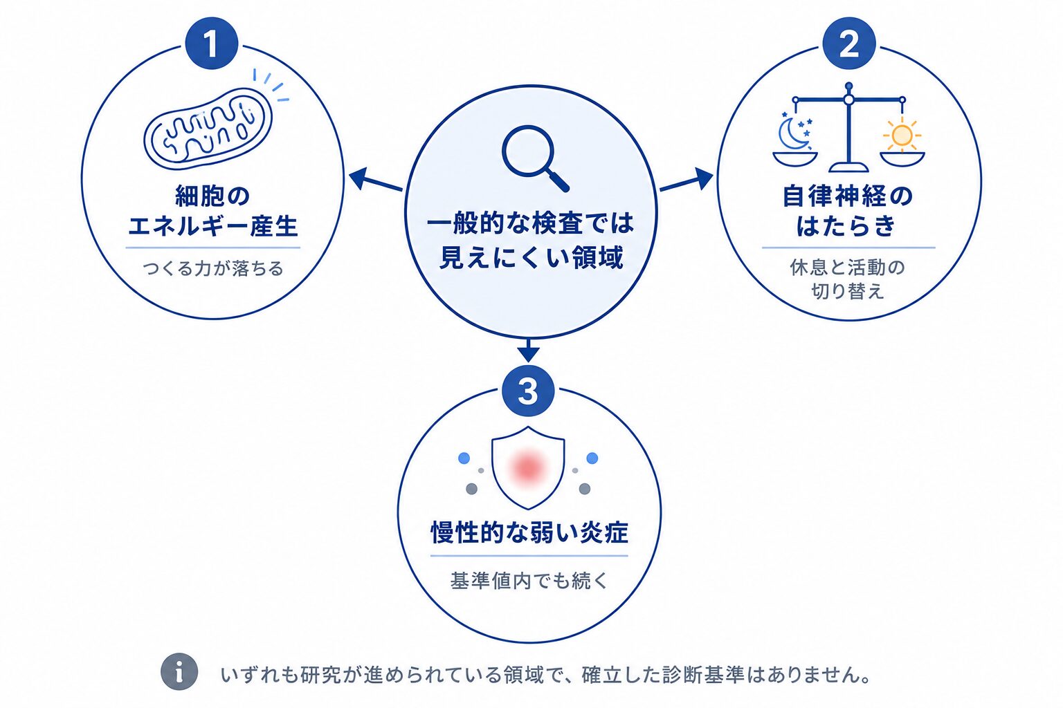 検査に出にくい3つの角度（細胞のエネルギー産生・自律神経のはたらき・慢性的な弱い炎症）を示した図解