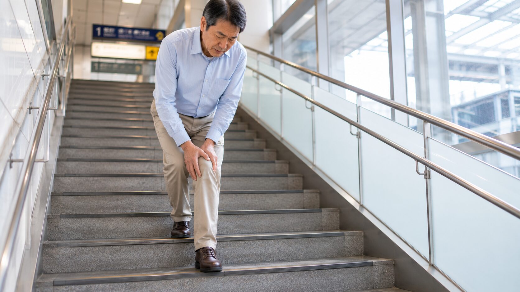 階段の下りで膝に手を当てて痛みをかばう中高年の方の様子