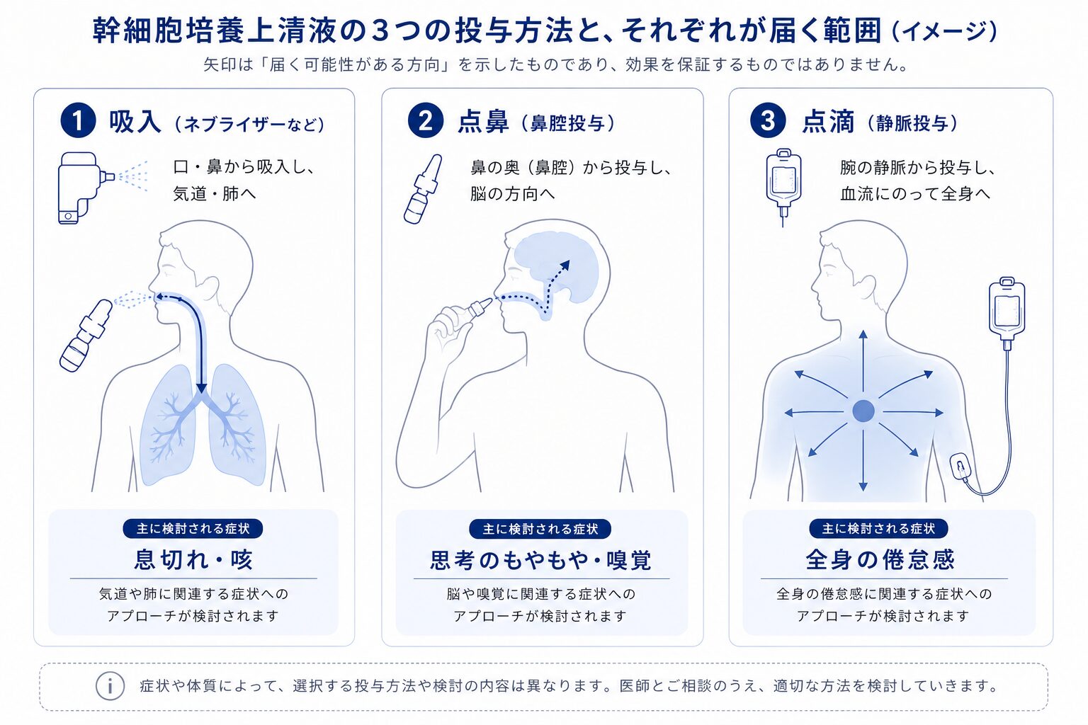 幹細胞培養上清液の3つの投与方法（吸入・点鼻・点滴）と、それぞれが届く範囲を示した図解