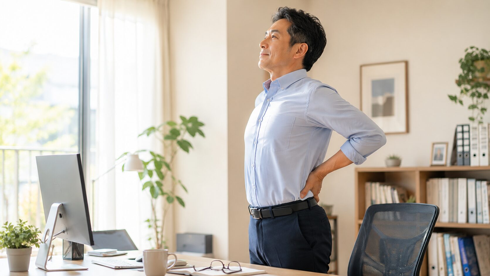 デスクワークの合間に腰に手を当てて姿勢を伸ばす方の様子