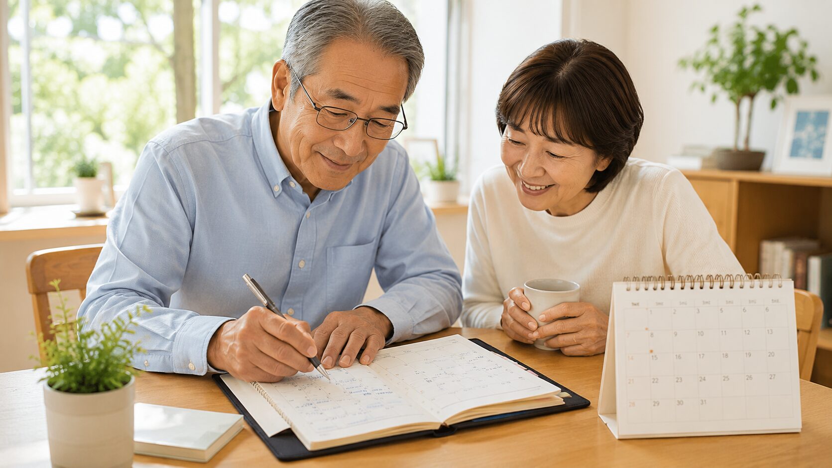 手帳にメモを取りながら物忘れが気になり始めた方の様子