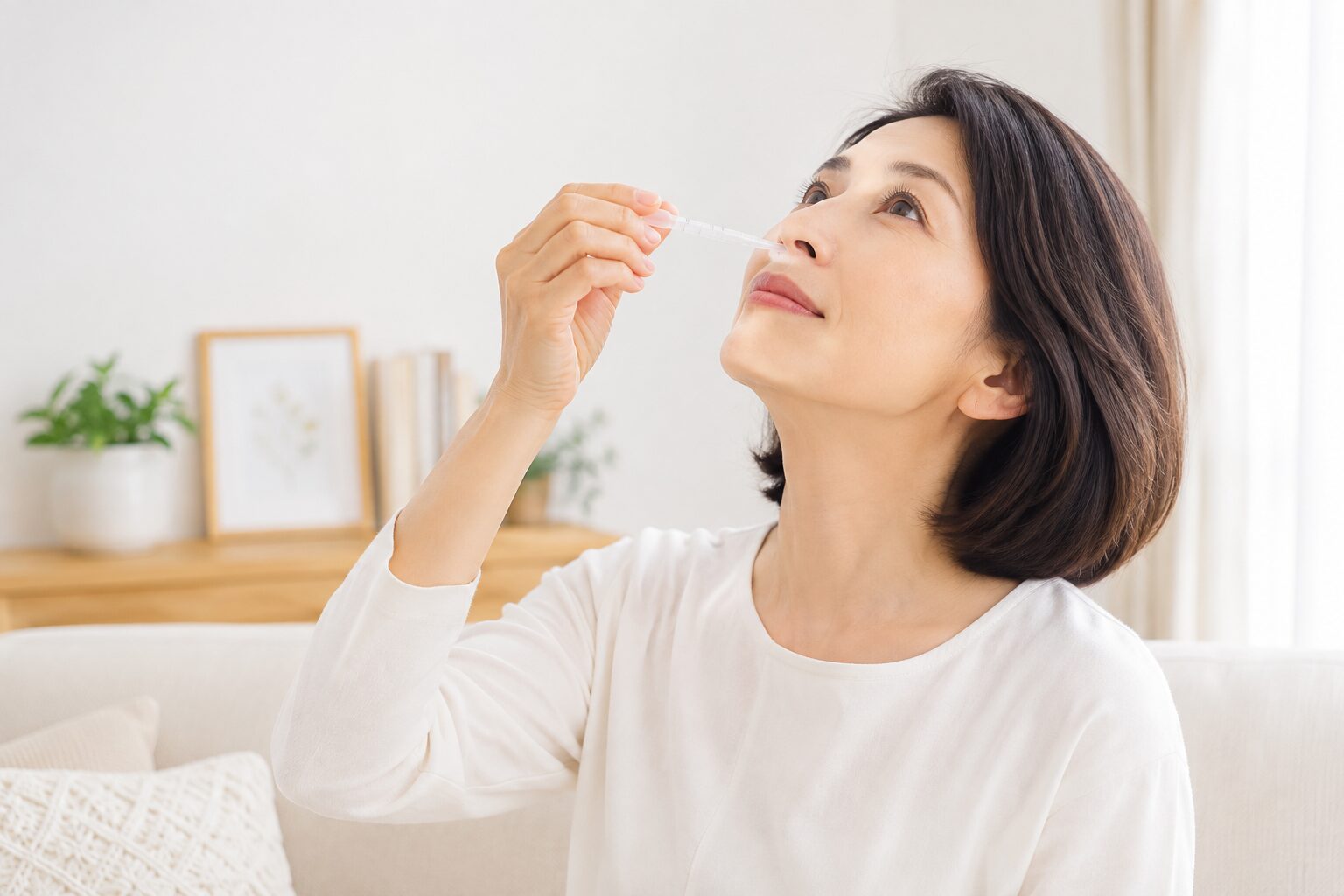 自宅で幹細胞培養上清液を鼻腔内に点鼻する女性