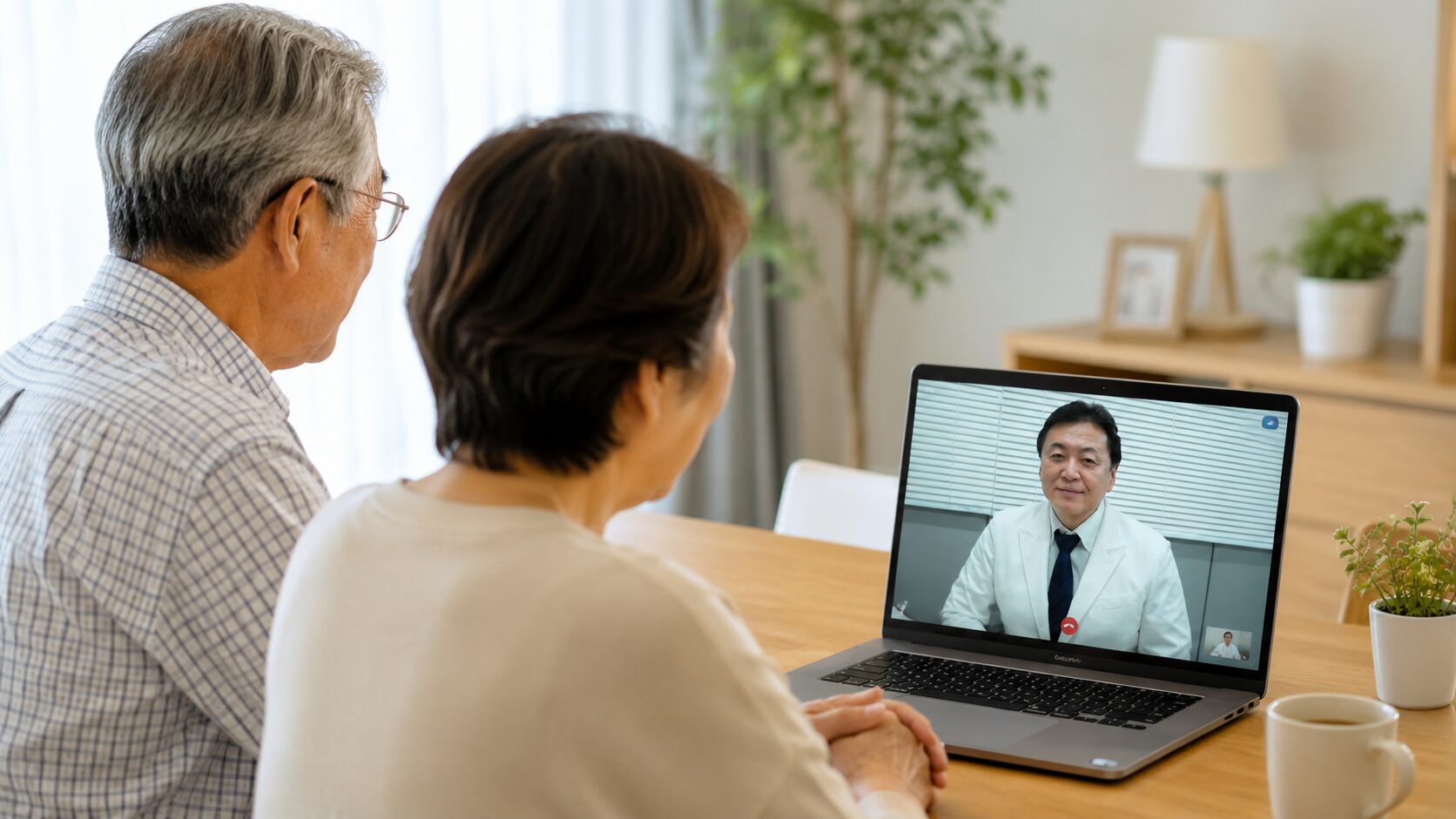 自宅のリビングでタブレット越しに医師のオンライン診療を受けている方の様子