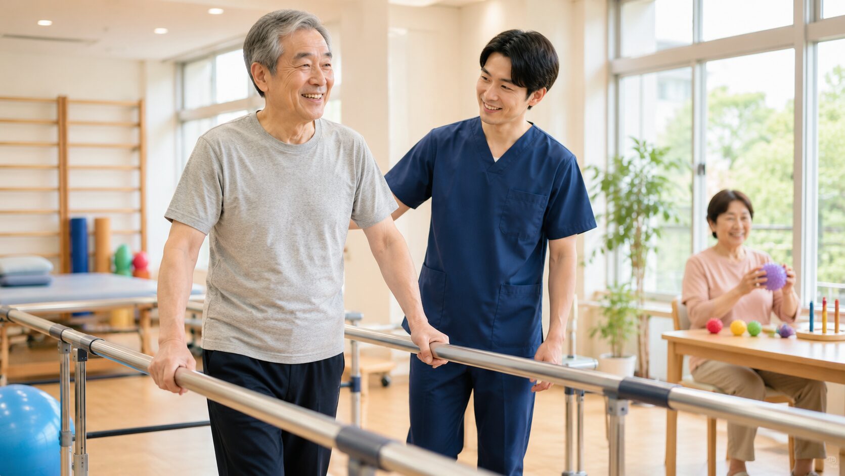 脳卒中のあとリハビリを続ける方に理学療法士が寄り添う様子
