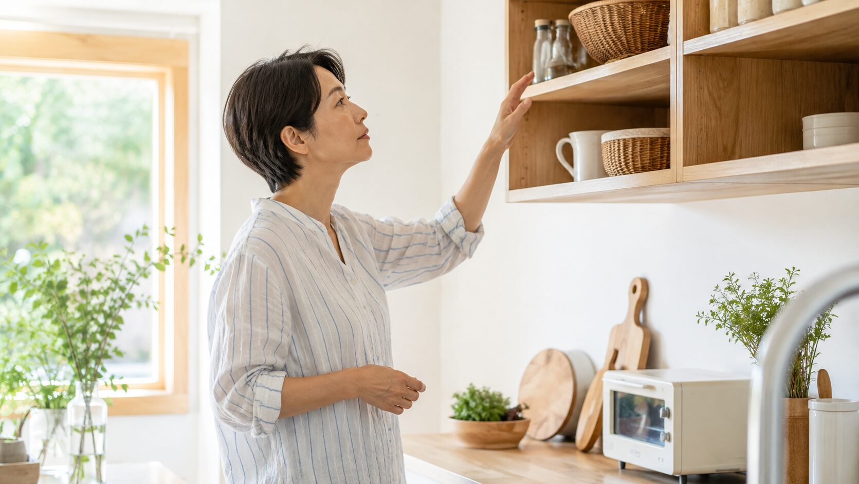 上の棚に手を伸ばそうとして腕が肩より上に上がらない方の様子