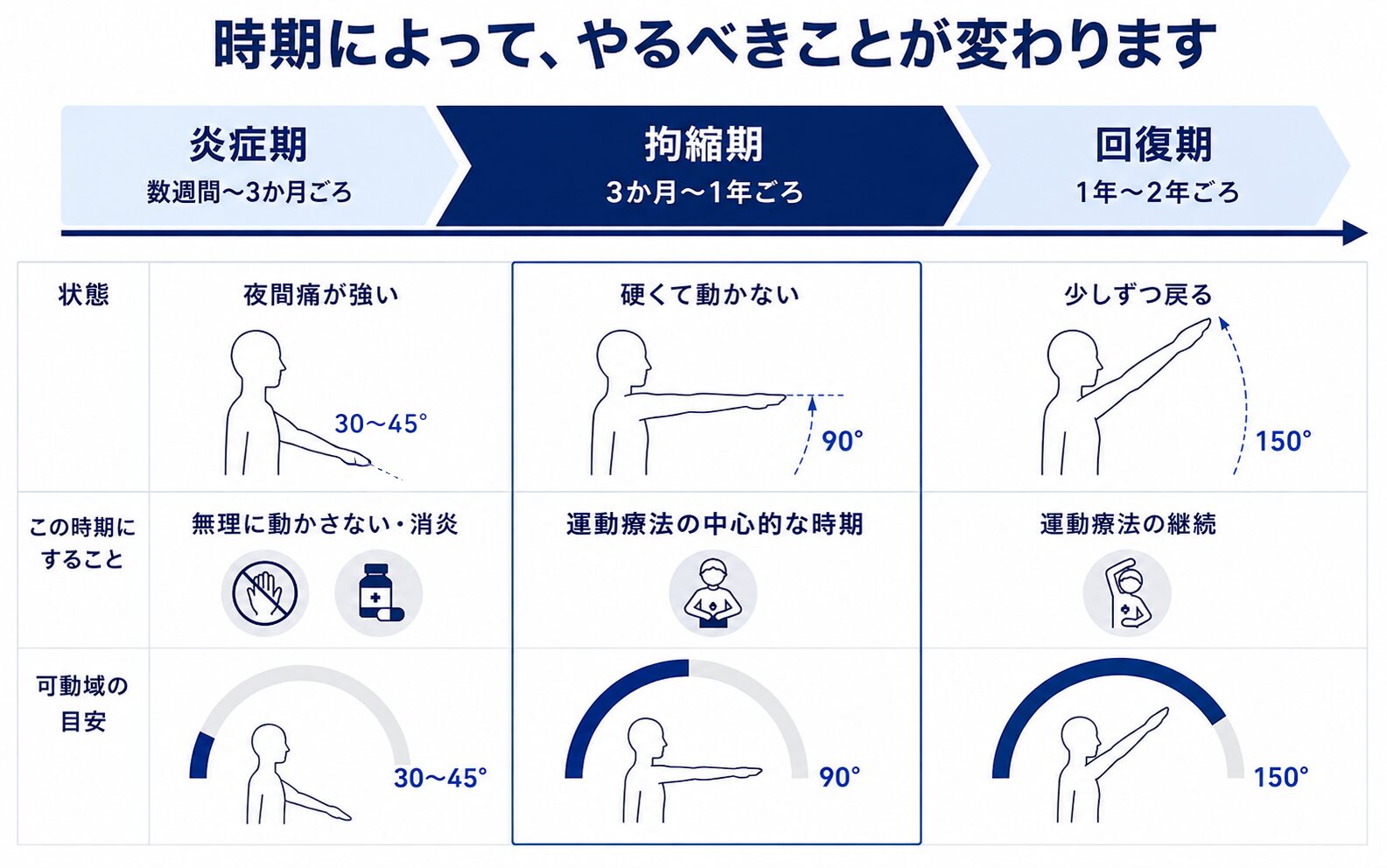 五十肩の炎症期・拘縮期・回復期という3つの時期と、それぞれで優先される対応を時間軸で示した図解