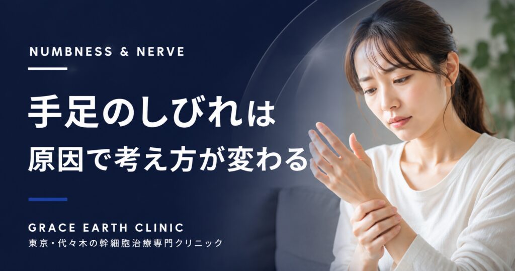 手足のしびれの原因や受診の目安を解説する記事のアイキャッチ。手首のしびれを気にする日本人女性のイメージ